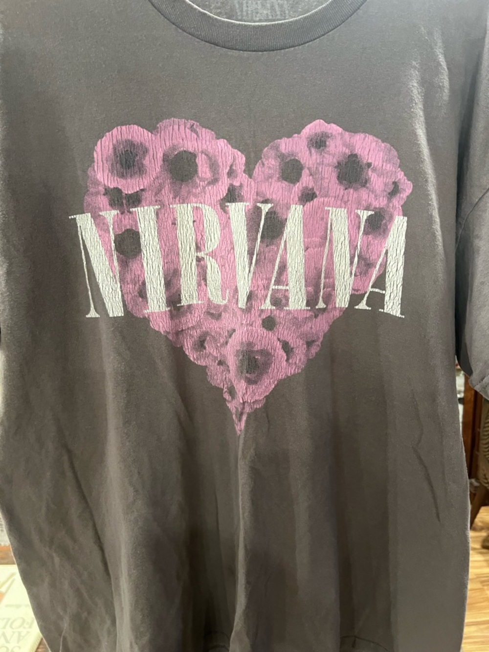 NIRVANA Black Tee with Pink Floral Heart Logo